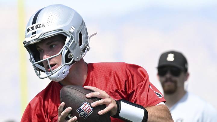 May 2, 2026; Henderson, NV, USA; Las Vegas Raiders quarterback Fernando Mendoza (15) runs through a drill during a Rookie Minicamp at Intermountain Health Performance Center. Mandatory Credit: Candice Ward-Imagn Images