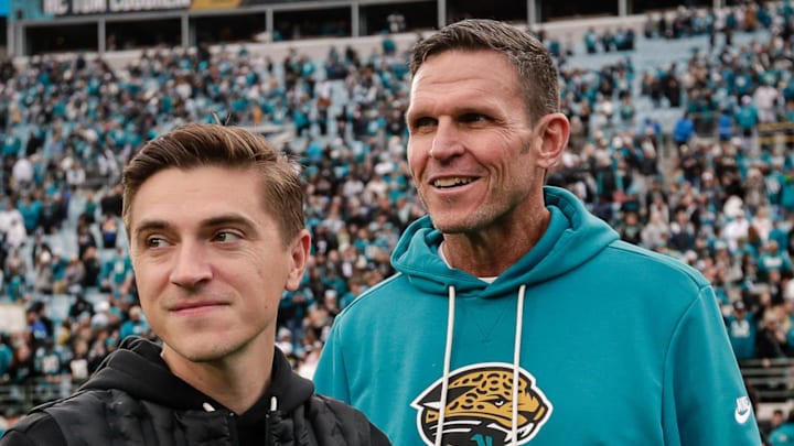 Jan 4, 2026; Jacksonville, Florida, USA; Jacksonville Jaguars executive vice president of football operations Tony Boselli and general manager James Gladstone look on after the game against the Tennessee Titans at EverBank Stadium. Mandatory Credit: Travis Register-Imagn Images