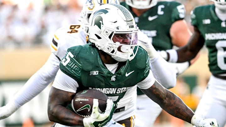 Michigan State's Makhi Frazier runs for a gain against Western Michigan during the first quarter on Friday, Aug. 29, 2025, in East Lansing.