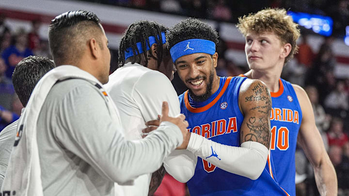 Feb 11, 2026; Athens, Georgia, USA; Florida Gators guard Boogie Fland (0) reacts with teammates after Florida defeated the Georgia Bulldogs at Stegeman Coliseum. Mandatory Credit: Dale Zanine-Imagn Images