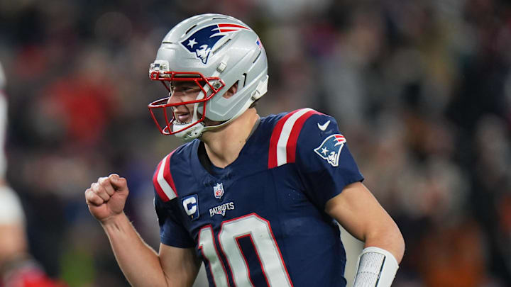 Jan 4, 2026; Foxborough, Massachusetts, USA; New England Patriots quarterback Drake Maye (10) reacts against the Miami Dolphins during the second half at Gillette Stadium. Mandatory Credit: David Butler II-Imagn Images
