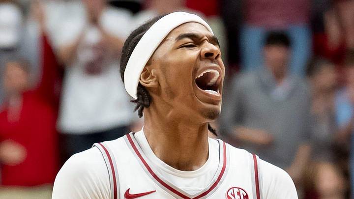 Alabama guard Labaron Philon Jr. (0) celebrates after hitting a three pointer to give Alabama the lead at 80-79 after a comeback of greater than ten points against Arkansas at Coleman Coliseum. Alabama defeated Arkansas 117-115 in double overtime on February 18, 2026.