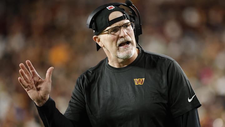 Dec 29, 2024; Landover, Maryland, USA; Washington Commanders head coach Dan Quinn reacts from the sidelines against the Atlanta Falcons during the second half at Northwest Stadium. Mandatory Credit: Amber Searls-Imagn Images