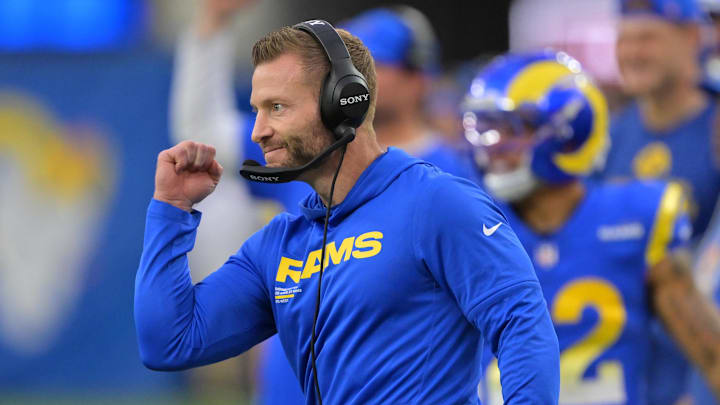 Jan 4, 2026; Inglewood, California, USA;  Los Angeles Rams head coach Sean McVay reacts after a touchdown against the Arizona Cardinals during the second half at SoFi Stadium. Mandatory Credit: Jayne Kamin-Oncea-Imagn Images