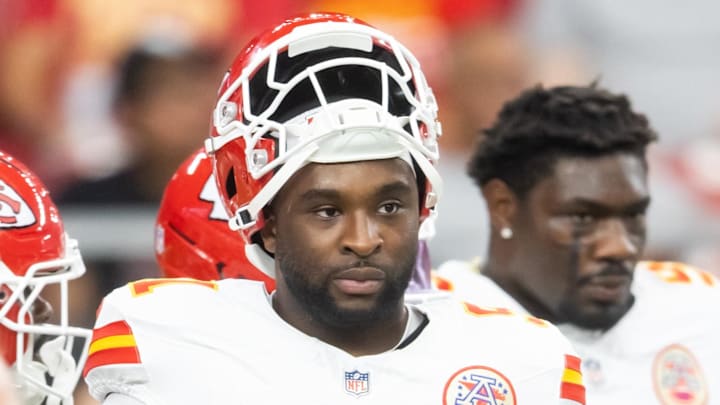 Aug 9, 2025; Glendale, Arizona, USA; Kansas City Chiefs defensive end Felix Anudike-Uzomah (91) against the Arizona Cardinals during a preseason NFL game at State Farm Stadium. Mandatory Credit: Mark J. Rebilas-Imagn Images