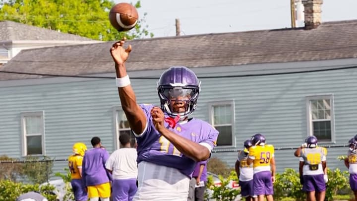 St. Augustine High School (New Orleans) quarterback Jaelle Noble warms up during spring practice St. Augustine High School (New Orleans) quarterback Jaelle Noble warms up during spring practice
