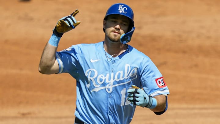 Aug 21, 2025; Kansas City, Missouri, USA; Kansas City Royals left fielder Nick Loftin (12) rounds the bases after hitting a home run during the second inning against the Texas Rangers at Kauffman Stadium. Mandatory Credit: Jay Biggerstaff-Imagn Images