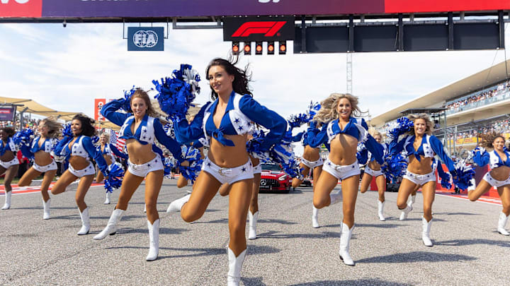 Dallas Cowboys Cheerleaders perform before the Formula 1 United States Grand Prix at Circuit of the Americas. 