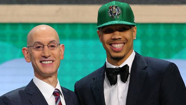 Jun 22, 2017; Brooklyn, NY, USA; Jayson Tatum (Duke) is introduced by NBA commissioner Adam Silver as the number three overall pick to the Boston Celtics in the first round of the 2017 NBA Draft at Barclays Center. Mandatory Credit: Brad Penner-Imagn Images