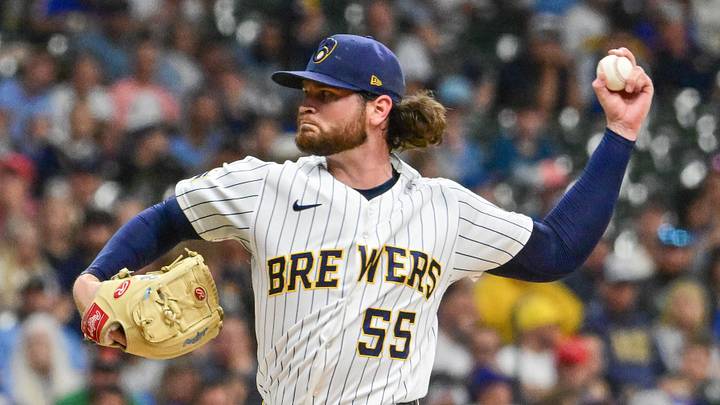 Aug 29, 2026; Milwaukee, Wisconsin, USA;  Milwaukee Brewers starting pitcher Shane Drohan (55) throws a pitch in the first inning against the Texas Rangers at American Family Field.  Mandatory Credit: Benny Sieu-Imagn Images