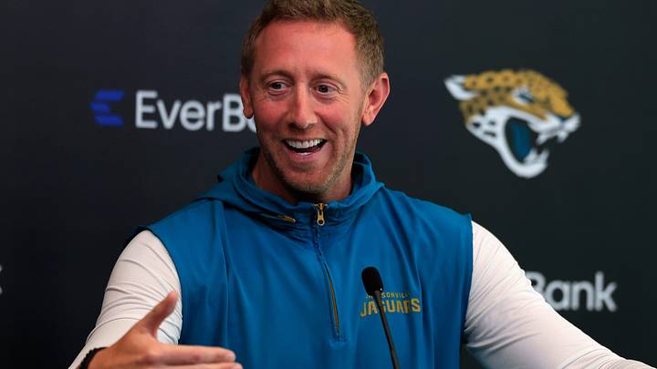 Jacksonville Jaguars head coach Liam Coen speaks during a press conference at the Miller Electric Center, Monday, April 20, 2026 in Jacksonville, Fla.