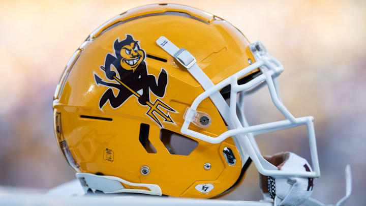 Nov 23, 2024; Tempe, Arizona, USA; Detailed view of an Arizona State Sun Devils helmet at Mountain America Stadium. Mandatory Credit: Mark J. Rebilas-Imagn Images