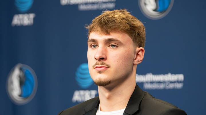 Apr 29, 2026; Dallas, TX, USA; Dallas Maverick Cooper Flagg speaks to media, teammates, Mavericks staff and family at a press conference in his honor for being named the 2025-26 NBA Rookie of the Year at American Airlines Center. Mandatory Credit: Raymond Carlin III-Imagn Images Apr 29, 2026; Dallas, TX, USA; Dallas Maverick Cooper Flagg speaks to media, teammates, Mavericks staff and family at a press conference in his honor for being named the 2025-26 NBA Rookie of the Year at American Airlines Center. Mandatory Credit: Raymond Carlin III-Imagn Images