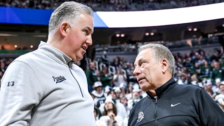 Michigan State's head coach Tom Izzo, right, talks with Purdue's head coach Matt Painter before the game on Tuesday, Feb. 18, 2025, at the Breslin Center in East Lansing. Michigan State's head coach Tom Izzo, right, talks with Purdue's head coach Matt Painter before the game on Tuesday, Feb. 18, 2025, at the Breslin Center in East Lansing.