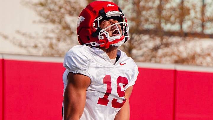 Arkansas Razorbacks wide receiver Antonio Jordan celebrates after catching a touchdown during spring practice. Arkansas Razorbacks wide receiver Antonio Jordan celebrates after catching a touchdown during spring practice.