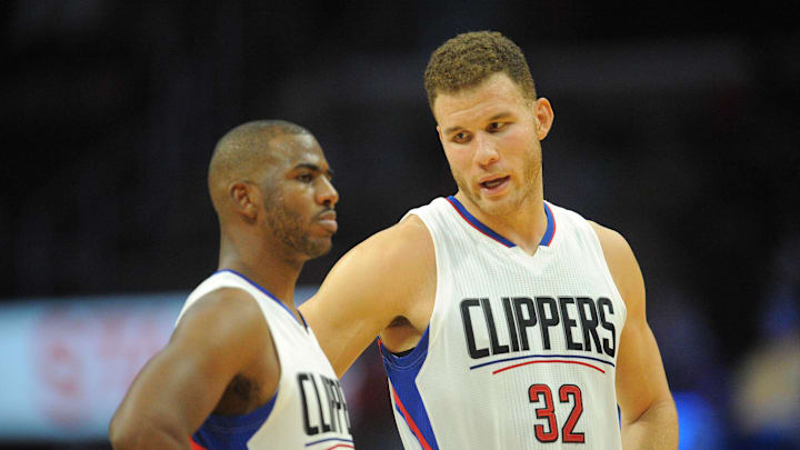 October 31, 2016; Los Angeles, CA, USA;  Los Angeles Clippers forward Blake Griffin (32) speaks with guard Chris Paul (3) during a stoppage in play against the Phoenix Suns during the first half at Staples Center. Mandatory Credit: Gary A. Vasquez-Imagn Images