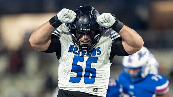 Iowa Western Community College defensive tackle Andy Burburija celebrates after making a tackle during the 2025 season. Iowa Western Community College defensive tackle Andy Burburija celebrates after making a tackle during the 2025 season.