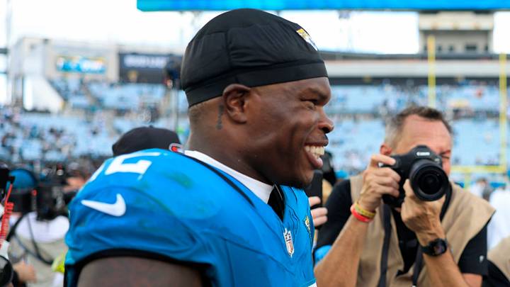 Former Colorado teammates Jacksonville Jaguars wide receiver Travis Hunter (12) and Cleveland Browns quarterback Shedeur Sanders (2) talk on the field after the game of an NFL football matchup at EverBank Stadium on Sunday, Sept. 13, 2026, in Jacksonville, Fla. The Jaguars defeated the Browns 34-10. [Corey Perrine/Florida Times-Union]