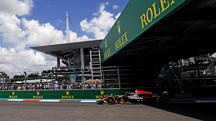 May 4, 2024; Miami Gardens, Florida, USA; Red Bull Racing driver Sergio Perez (11) during the F1 Sprint Race at Miami International Autodrome. Mandatory Credit: Peter Casey-Imagn Images