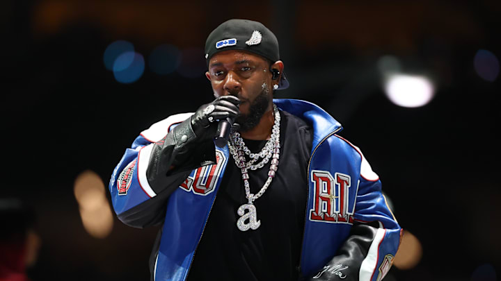 Rapper Kendrick Lamar performs at the Super Bowl LIX Halftime Show.