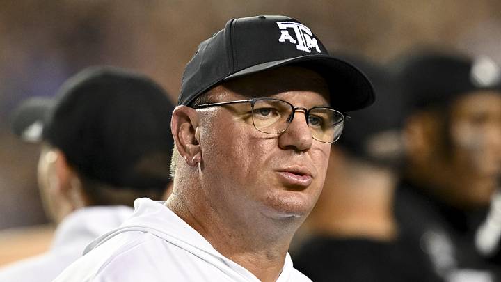 Oct 26, 2024; College Station, Texas, USA; Texas A&M Aggies head coach Mike Elko reacts to a call in the third quarter against the LSU Tigers at Kyle Field. Mandatory Credit: Maria Lysaker-Imagn Images. 