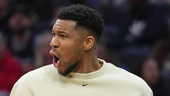 Milwaukee Bucks forward Giannis Antetokounmpo reacts during the game against the Philadelphia 76ers at Xfinity Mobile Arena on Apr 12, 2026.