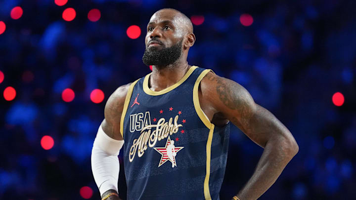 Feb 15, 2026; Inglewood, California, USA; Team USA Stripes forward LeBron James (23) of the Los Angeles Lakers looks on in game two against Team Stars during the 75th NBA All-Star Game at Intuit Dome. Mandatory Credit: Kirby Lee-Imagn Images