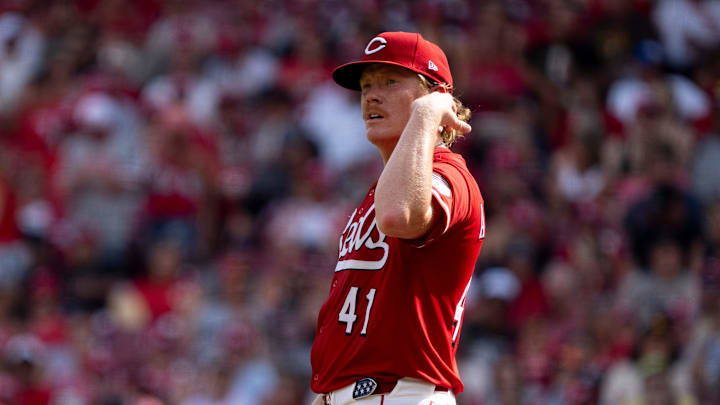 Cincinnati Reds pitcher Andrew Abbott prepares to pitch in the third inning between Cincinnati Reds and San Diego Padres at Great American Ball Park in Cincinnati on Saturday, June 28, 2025.