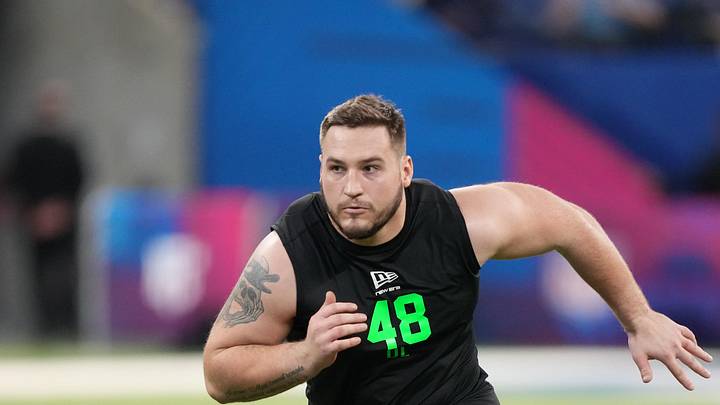Mar 1, 2026; Indianapolis, IN, USA; Iowa offensive lineman Beau Stephens (OL48) during the NFL Scouting Combine at Lucas Oil Stadium. Mandatory Credit: Kirby Lee-Imagn Images