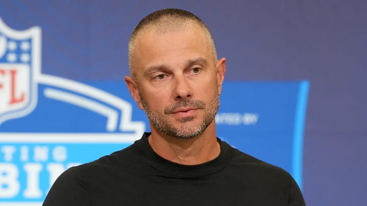 Las Vegas Raiders general manager John Spytek speaks at the NFL Scouting Combine.