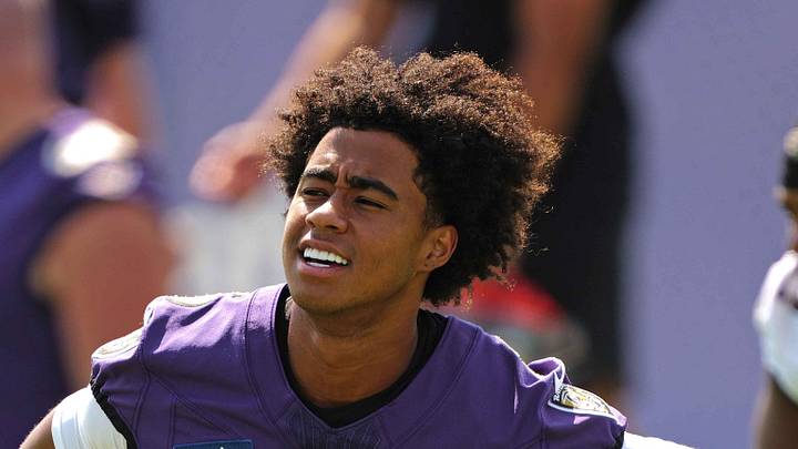 Jul 29, 2026; Ownings Mills, MD, USA; Baltimore Ravens wide receiver Ja’Kobi Lane (6) stretches during practice at the Under Armour Performance Center. Mandatory Credit: Mitch Stringer-Imagn Images