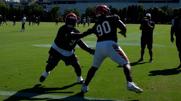 Cincinnati Bengals defensive tackle McKinnley Jackson (91) and Cincinnati Bengals defensive tackle Kris Jenkins Jr. (90) run a blocking drill during the Cincinnati Bengals Training Camp 2026 at Kettering Practice Field in Cincinnati on Thursday, July 30, 2026. Cincinnati Bengals defensive tackle McKinnley Jackson (91) and Cincinnati Bengals defensive tackle Kris Jenkins Jr. (90) run a blocking drill during the Cincinnati Bengals Training Camp 2026 at Kettering Practice Field in Cincinnati on Thursday, July 30, 2026.