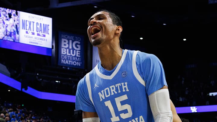 Dec 2, 2025; Lexington, Kentucky, USA; North Carolina Tar Heels forward Jarin Stevenson (15) celebrates as he runs off the court after the game against the Kentucky Wildcats at Rupp Arena at Central Bank Center. Mandatory Credit: Jordan Prather-Imagn Images