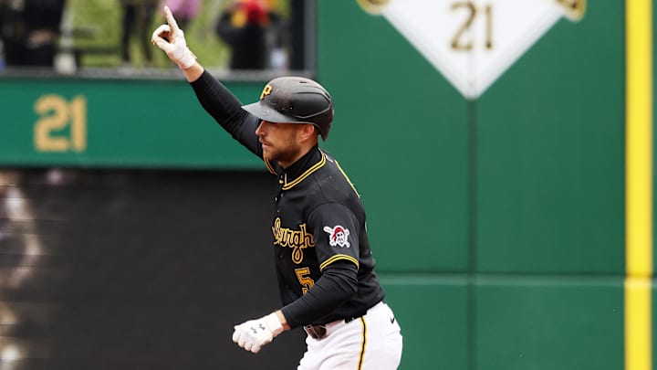 Apr 30, 2026; Pittsburgh, Pennsylvania, USA;  Pittsburgh Pirates second baseman Brandon Lowe (5) circles the bases on a solo home run against the St. Louis Cardinals during the seventh inning at PNC Park. Mandatory Credit: Charles LeClaire-Imagn Images