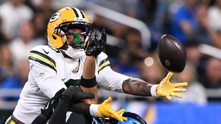 Green Bay Packers wide receiver Matthew Golden is unable to make a catch against two defenders at Detroit. Green Bay Packers wide receiver Matthew Golden is unable to make a catch against two defenders at Detroit.