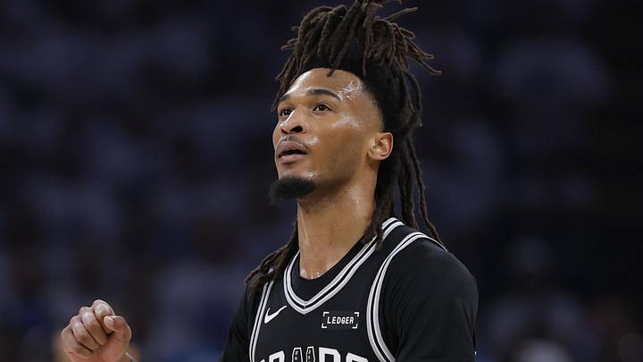 May 26, 2026; Oklahoma City, Oklahoma, USA; San Antonio Spurs guard Stephon Castle (5) reacts after a play during the third quarter against the Oklahoma City Thunder in game five of the western conference finals for the 2026 NBA playoffs at Paycom Center. Mandatory Credit: Alonzo Adams-Imagn Images May 26, 2026; Oklahoma City, Oklahoma, USA; San Antonio Spurs guard Stephon Castle (5) reacts after a play during the third quarter against the Oklahoma City Thunder in game five of the western conference finals for the 2026 NBA playoffs at Paycom Center. Mandatory Credit: Alonzo Adams-Imagn Images