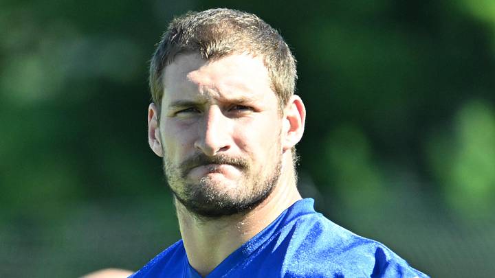 Jul 23, 2025; Rochester, NY, USA; Buffalo Bills defensive end Joey Bosa (97) warms up during training camp at St. John Fisher University. Mandatory Credit: Mark Konezny-Imagn Images