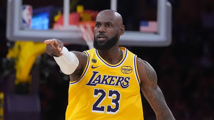Apr 18, 2026; Los Angeles, California, USA; Los Angeles Lakers forward LeBron James (23) gestures against the Houston Rockets in the first half during game one of the first round of the 2026 NBA Playoffs at Crypto.com Arena. Mandatory Credit: Kirby Lee-Imagn Images