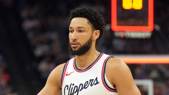 Apr 11, 2025; Sacramento, California, USA; Los Angeles Clippers guard Ben Simmons (25) at the end of the first quarter against the Sacramento Kings at Golden 1 Center. Mandatory Credit: Darren Yamashita-Imagn Images