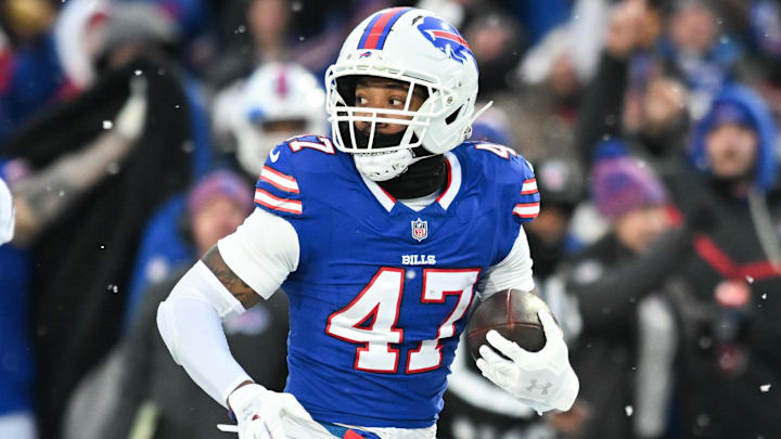 Buffalo Bills cornerback Christian Benford runs the ball for a touchdown after an interception against the Cincinnati Bengals. Buffalo Bills cornerback Christian Benford runs the ball for a touchdown after an interception against the Cincinnati Bengals.