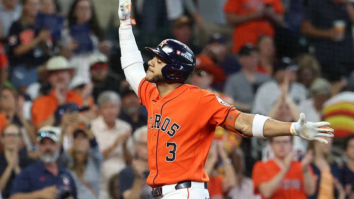 Sep 30, 2026; Houston, Texas, USA;  Houston Astros shortstop Jeremy Pena (3) rounds the bases after hitting a solo home run against the Chicago White Sox in the first inning during game two of the Wildcard round for the 2026 MLB Playoffs at Daikin Park.  Mandatory Credit: Troy Taormina-Imagn Images