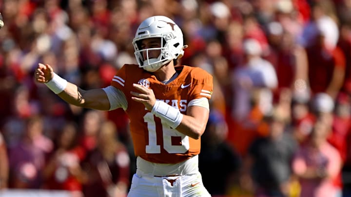 Oct 11, 2025; Dallas, Texas, USA; Texas Longhorns quarterback Arch Manning (16) throws the ball during the first half against the Oklahoma Sooners at the Cotton Bowl. Mandatory Credit: Jerome Miron-Imagn Images