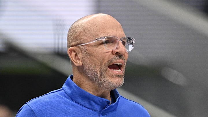 Mar 1, 2026; Dallas, Texas, USA; Dallas Mavericks head coach Jason Kidd looks on during the second half against the Oklahoma City Thunder at the American Airlines Center. Mandatory Credit: Jerome Miron-Imagn Images