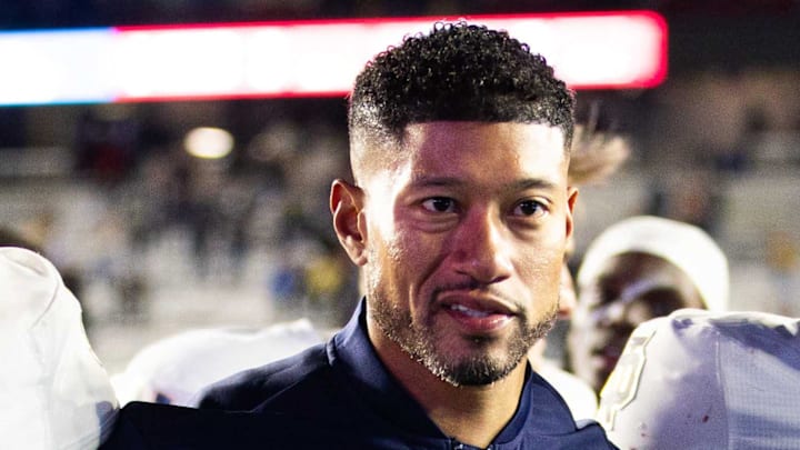 Nov 1, 2025; Chestnut Hill, Massachusetts, USA; Notre Dame Fighting Irish head coach Marcus Freeman, Notre Dame Fighting Irish quarterback CJ Carr (13) and Notre Dame Fighting Irish defensive lineman Donovan Hinish (41) after the game against the Boston College Eagles at Alumni Stadium. 