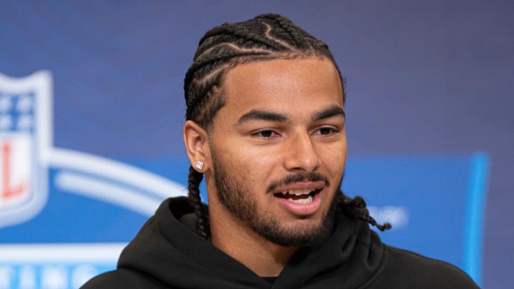 Feb 26, 2026; Indianapolis, IN, USA; Arizona defensive back Treydan Stukes (DB49) speaks to members of the media during the NFL Combine at the Indiana Convention Center. Mandatory Credit: Jacob Musselman-Imagn Images