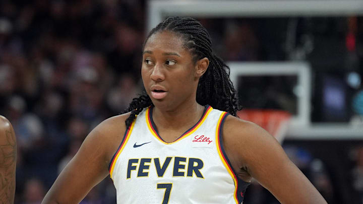 Aug 31, 2025; San Francisco, California, USA; Indiana Fever forwards Natasha Howard (6) and Aliyah Boston (7) stand on the court during the third quarter against the Golden State Valkyries at Chase Center. Mandatory Credit: Darren Yamashita-Imagn Images Aug 31, 2025; San Francisco, California, USA; Indiana Fever forwards Natasha Howard (6) and Aliyah Boston (7) stand on the court during the third quarter against the Golden State Valkyries at Chase Center. Mandatory Credit: Darren Yamashita-Imagn Images