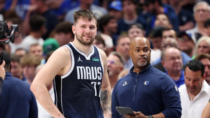 Jun 12, 2024; Dallas, Texas, USA; Dallas Mavericks guard Luka Doncic (77) reacts after fouling out of the game against the Boston Celtics during the fourth quarter during game three of the 2024 NBA Finals at American Airlines Center. Mandatory Credit: Kevin Jairaj-USA TODAY Sports