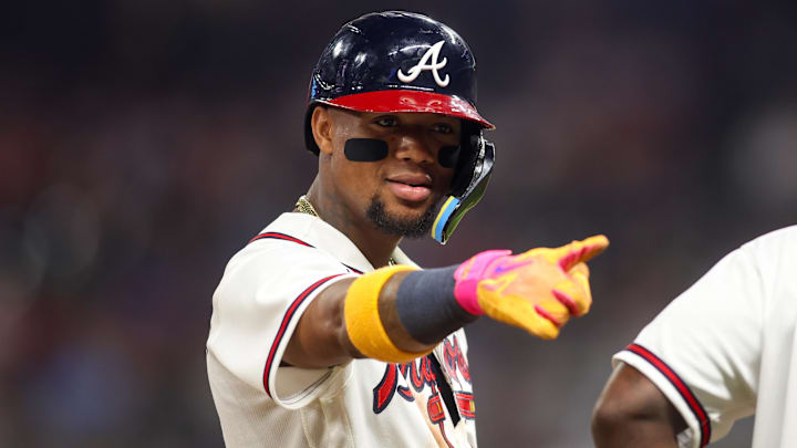 Apr 13, 2026; Atlanta, Georgia, USA; Atlanta Braves right fielder Ronald Acuna Jr. (13) points into the Miami Marlins dugout in the fifth inning at Truist Park. Mandatory Credit: Brett Davis-Imagn Images
