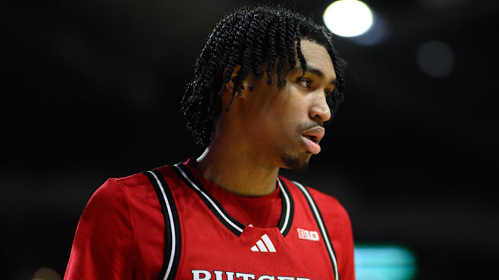 Feb 9, 2025; College Park, Maryland, USA; Rutgers Scarlet Knights guard Dylan Harper (2) looks on during the second half against the Maryland Terrapins at Xfinity Center. Mandatory Credit: Reggie Hildred-Imagn Images