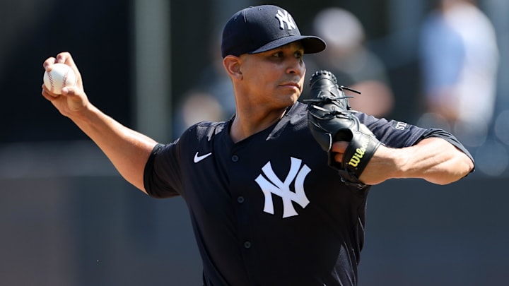 Feb 14, 2025; Tampa, FL, USA; New York Yankees pitcher Carlos Carrasco (59) participates in spring training workouts at George M. Steinbrenner Field Feb 14, 2025; Tampa, FL, USA; New York Yankees pitcher Carlos Carrasco (59) participates in spring training workouts at George M. Steinbrenner Field